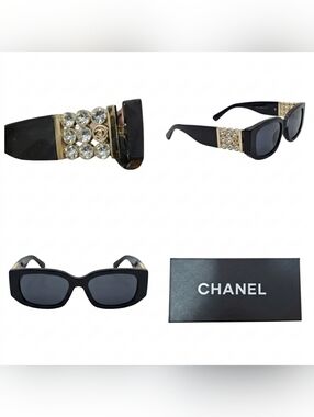 🔥NWT‼️CHANEL - Black Crystal-Accent Sunglasses with Rectangular Frame